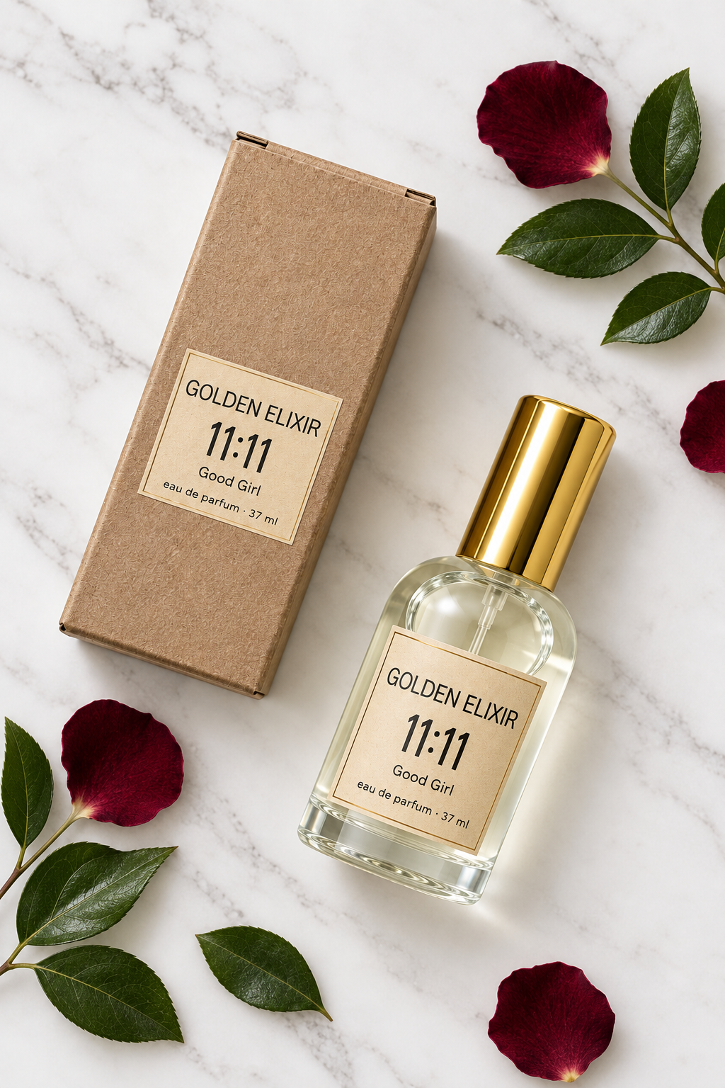 Golden Elixir Good Girl 37ml flat lay con pétalos