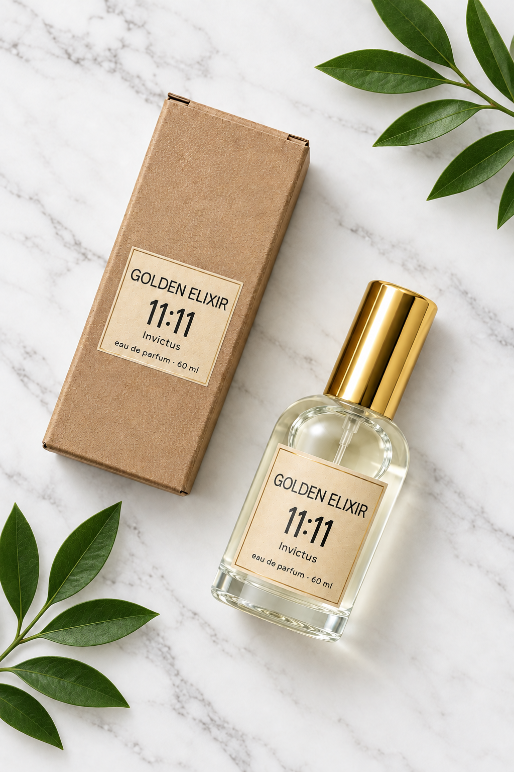Golden Elixir Invictus 60ml flat lay botánico